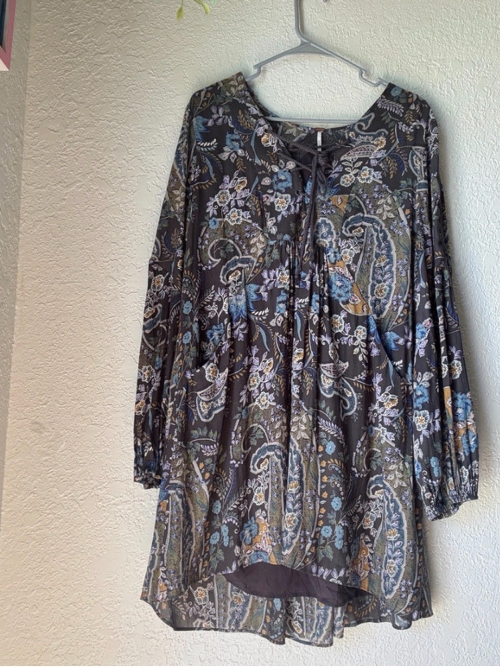 free people Boho Paisley Long-Sleeve Tunic Dress - Gray with Blue Accents